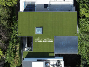 Aerial view of a modern building with a green rooftop and skylights.