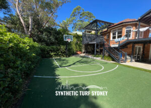 Synthetic turf backyard with a netted sports enclosure and a sunny blue sky.
